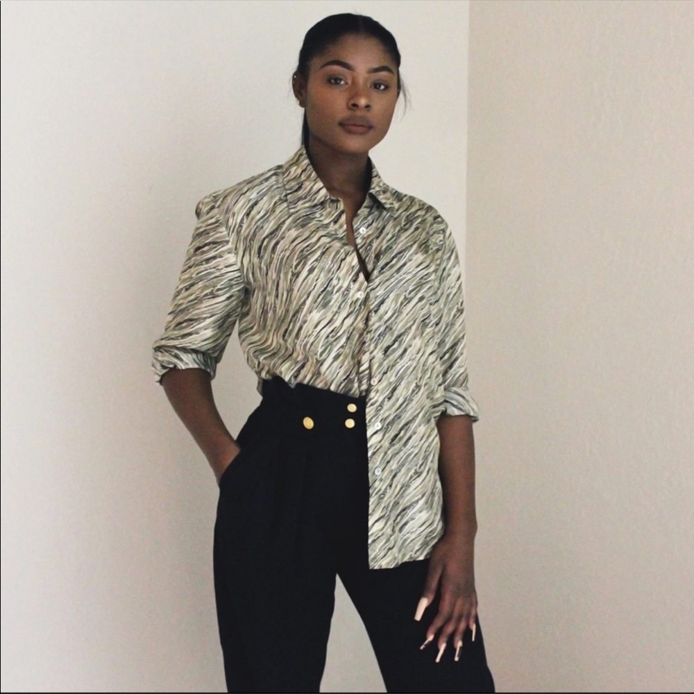Safari zebra print silk button down shirt